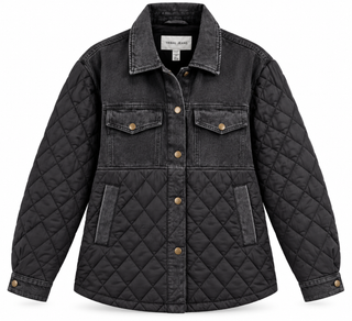 Quilted and Denim Mix Fabric Barn Jacket With Snap Front