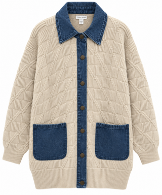 Chunky Cable Knit Coatigan Button-Front Denim Patch Pockets