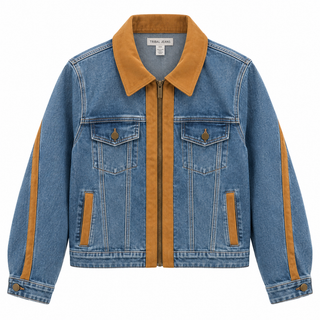 Mixed Media Zip Front Denim Jacket with Suede Trim